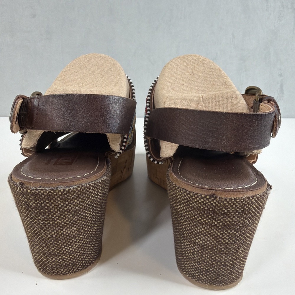 Pikolinos Womens 38 Brown Leather Beaded Wedge Sandals Boho Made in Spain - Picture 4 of 16